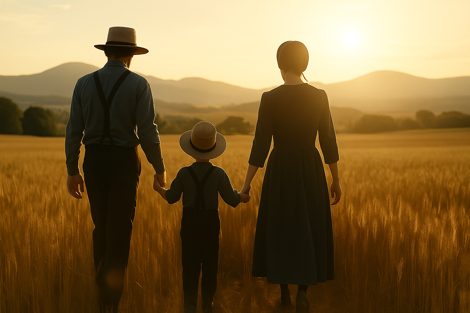 Family walking through a golden field at sunset